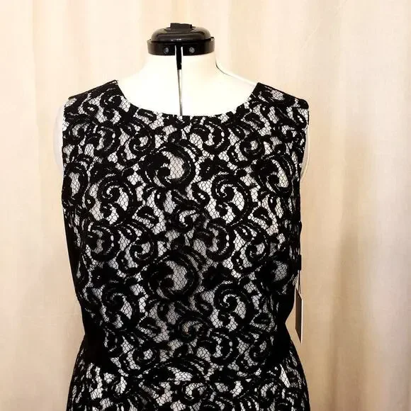 Calvin Klein Black White Sleeveless Lace Overlay Cocktail Party Dress | SZ 16W - Picture 5 of 13